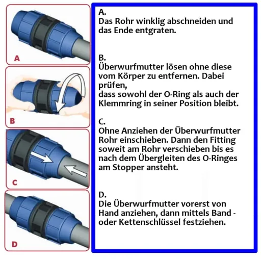 PE Rohr Verschraubung, Klemmverschraubung 25mm, Trinkwasser, PP PE Rohr
