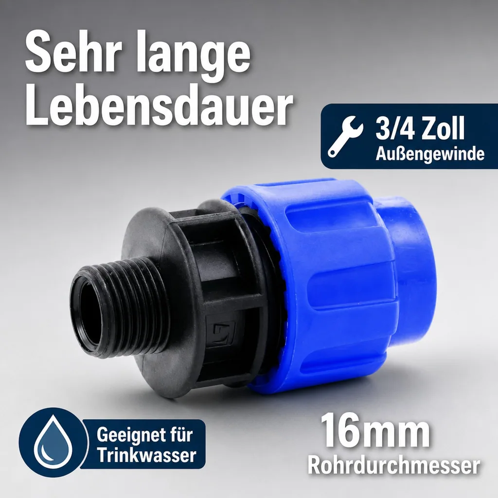 PE Rohr Verschraubung 16mm, Kupplung 3/4 Zoll AG, Klemmverbinder