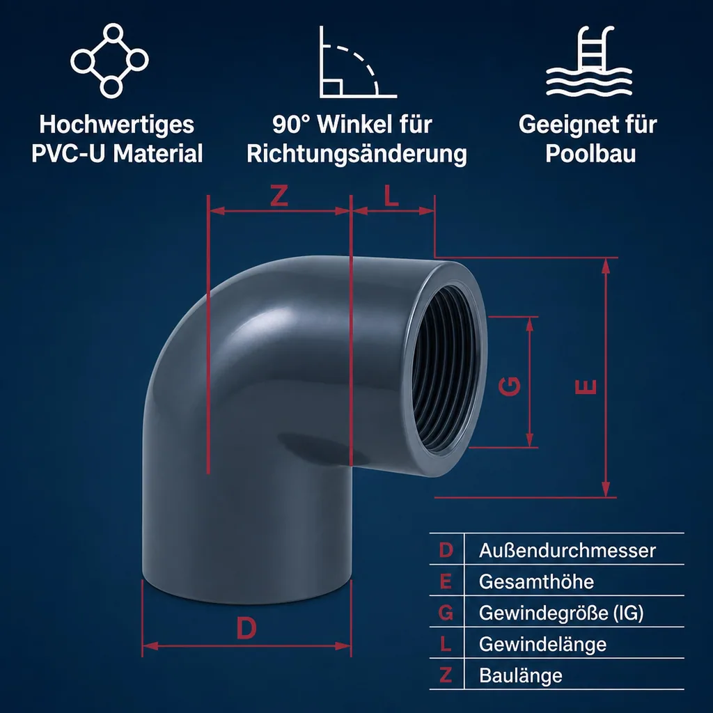 PVC Winkel 90 Grad, PVC-U Fitting, Muffe IG 25 mm x 3/4" PN10