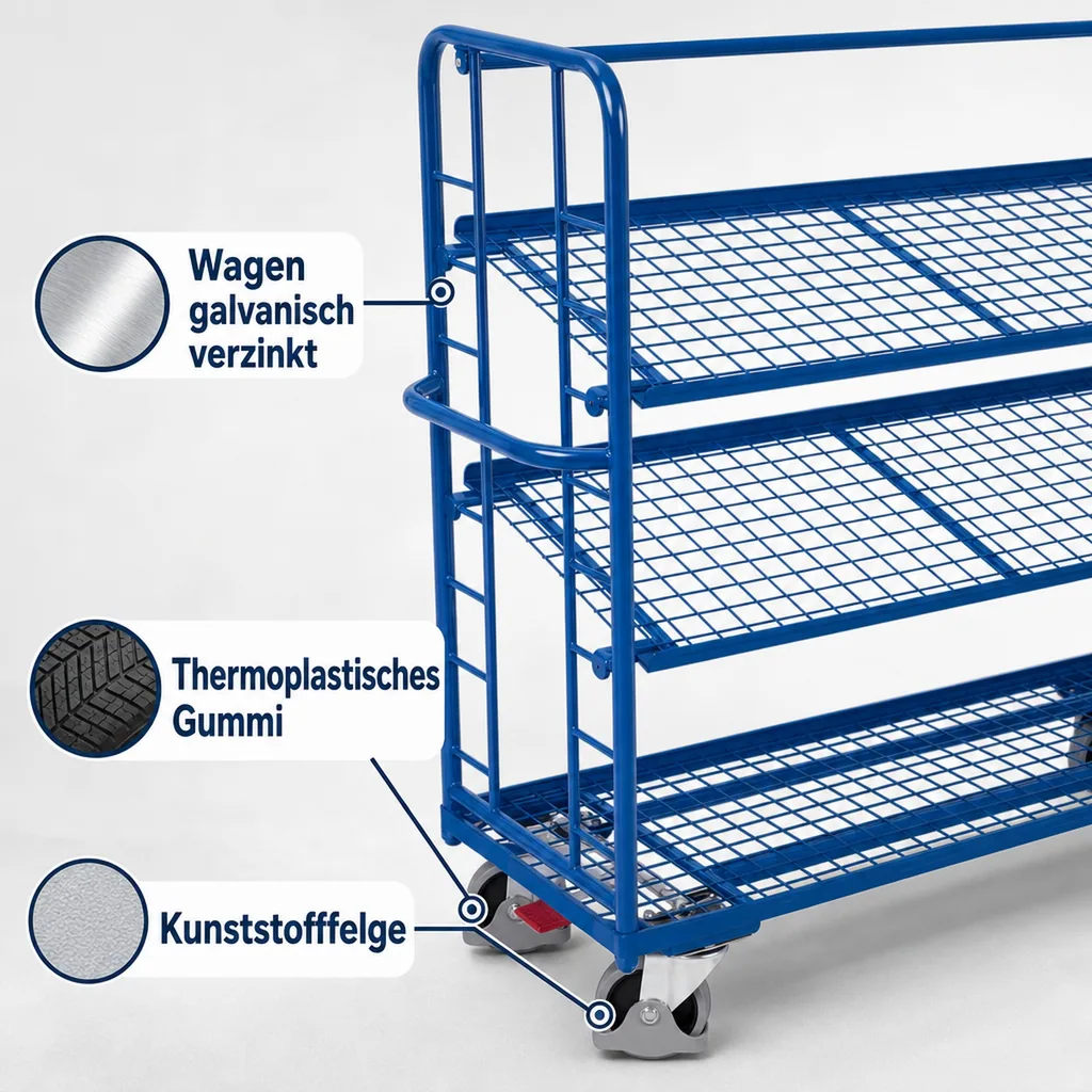 Etagenwagen mit 3 Drahtgitterböden pulverbeschichtet 400 kg Traglast Typ L