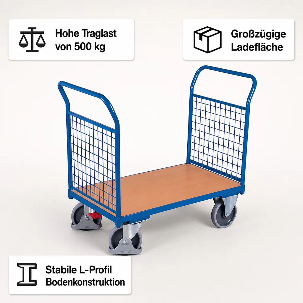 Drahtgitterwagen, Stirnwandwagen, 500 kg, Typ L, EasySTOP, blauer Gitterwagen