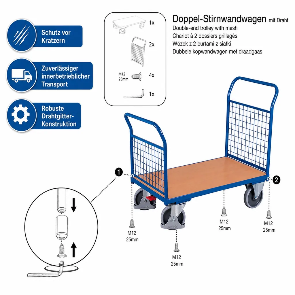Drahtgitterwagen, Stirnwandwagen, 500 kg, Typ L, EasySTOP, blauer Gitterwagen