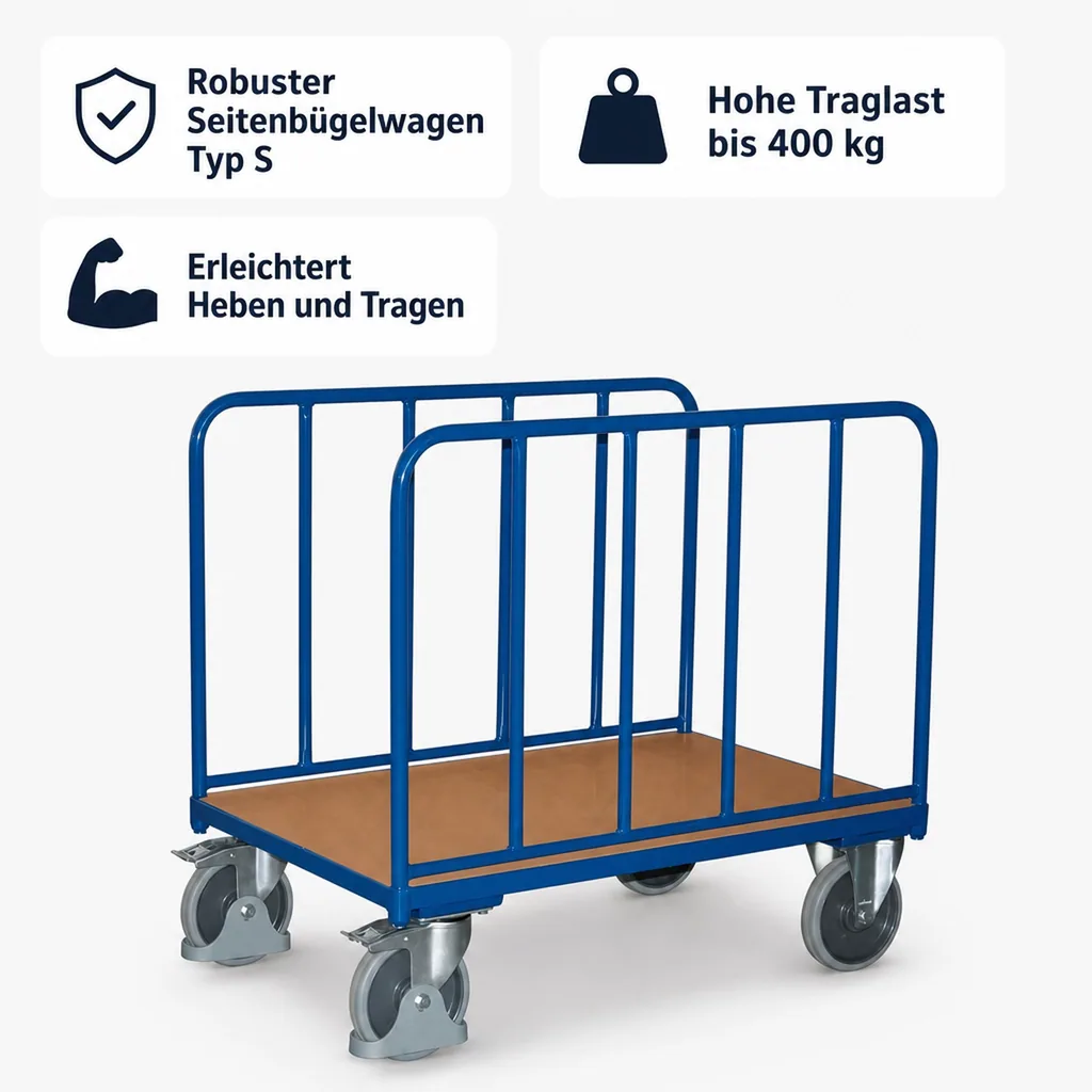 Transportwagen, Seitenbügelwagen Typ S, 400 kg, EasySTOP, Rohrwandwagen