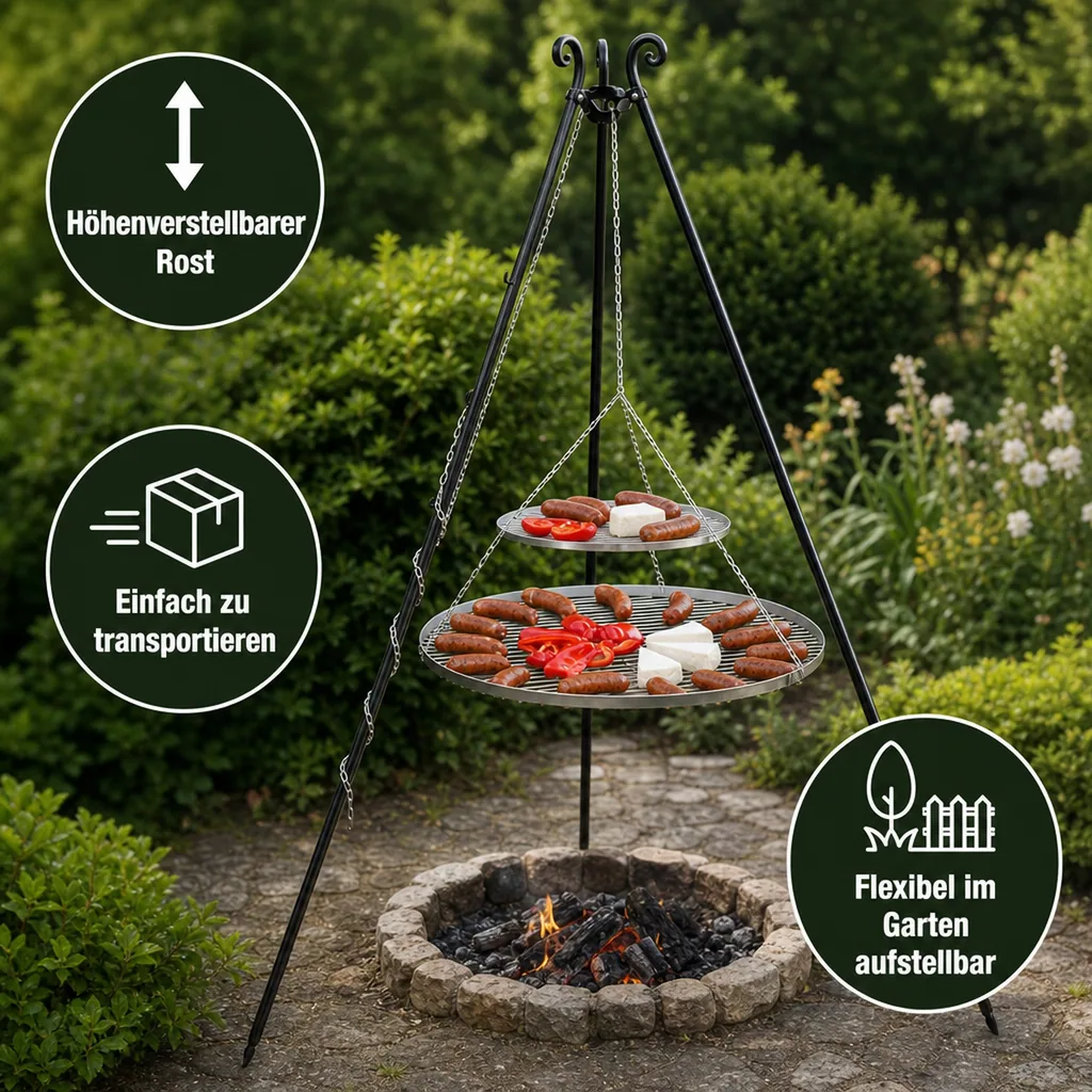 Schwenkgrill, Dreibein Grill, Edelstahl Grillrost, Schwenkgrill Set, 180cm