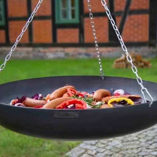 Dreibein Kochstelle, Feuerstelle mit Dreibein, Outdoor Wok 70 cm, Stahl Wok