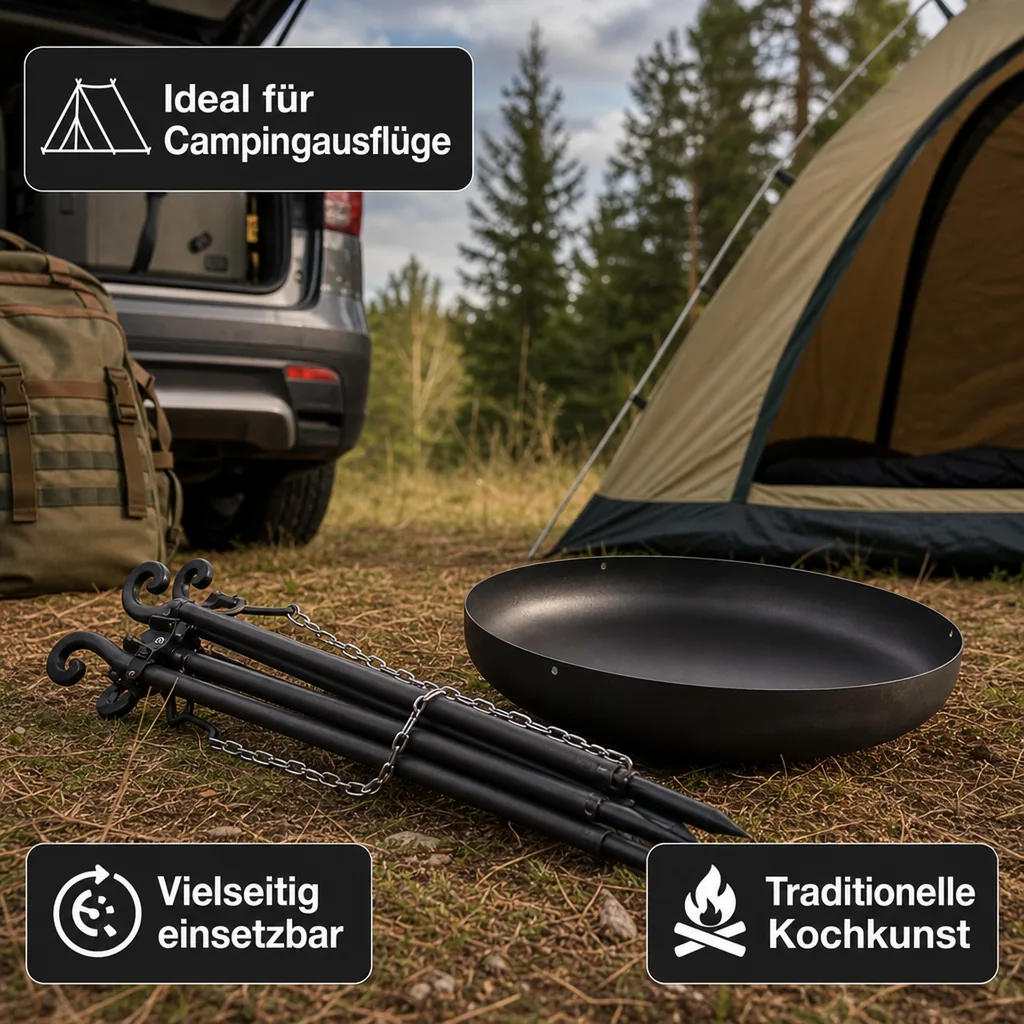 Dreibein Kochstelle, Feuerstelle mit Dreibein, Outdoor Wok 70 cm, Stahl Wok