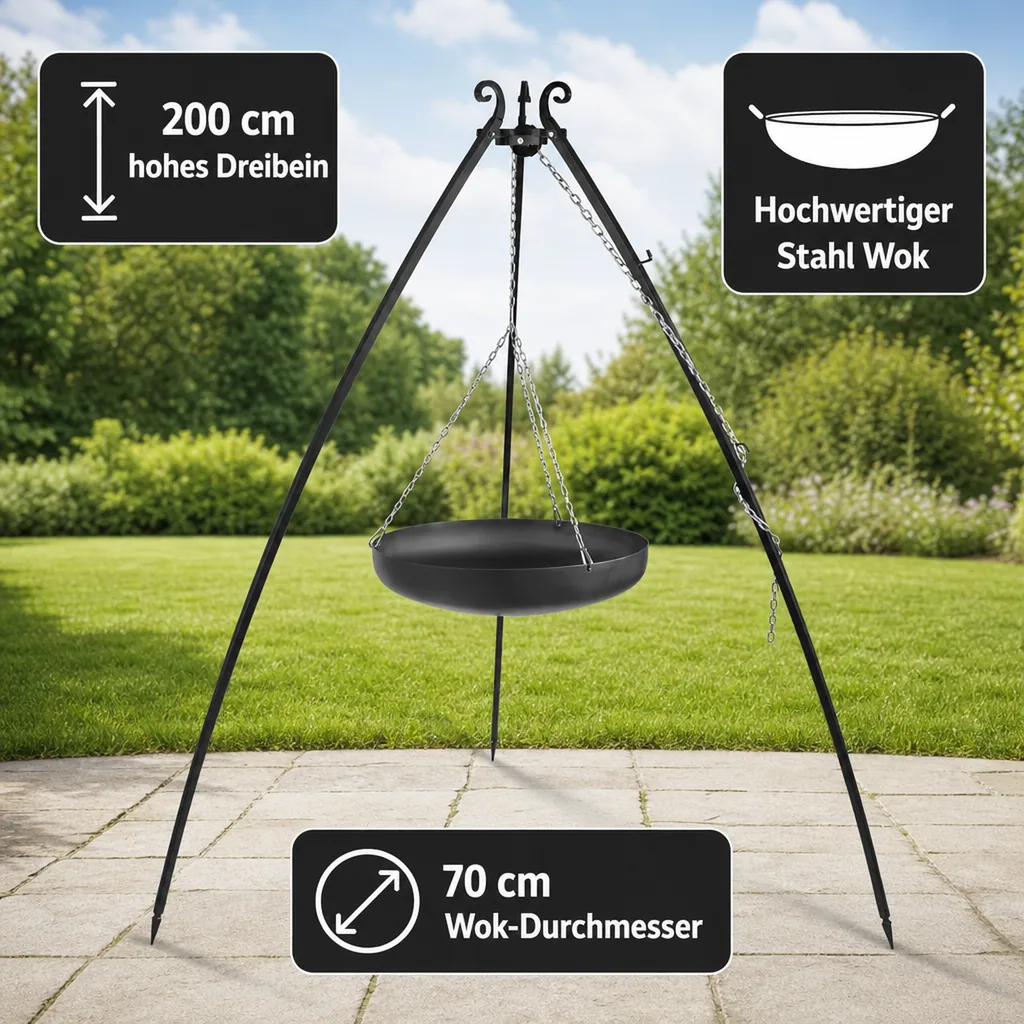 Dreibein Kochstelle, Feuerstelle mit Dreibein, Outdoor Wok 70 cm, Stahl Wok