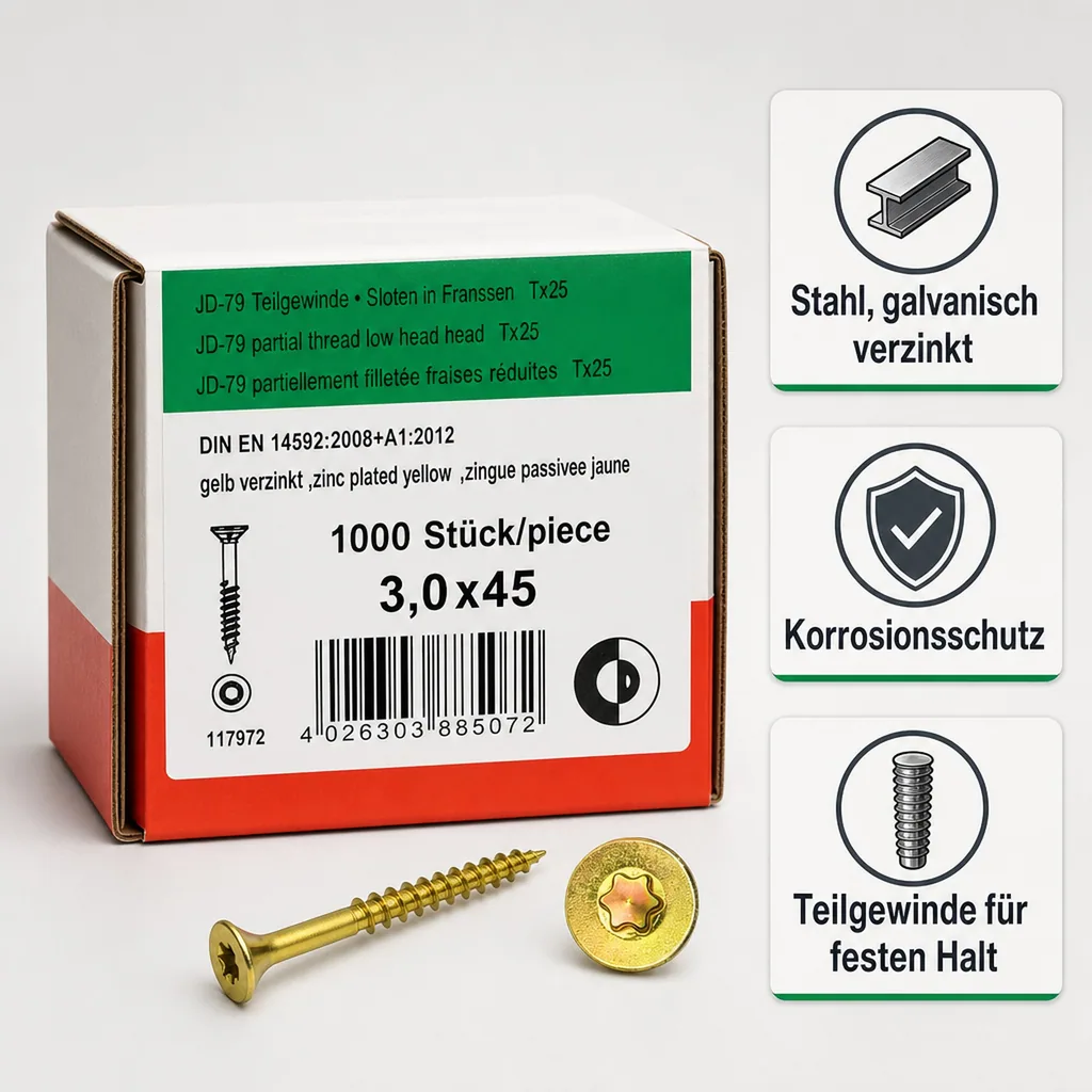 Spanplattenschrauben 3,0 x 45 mm, 1000 Stück, Senkkopf