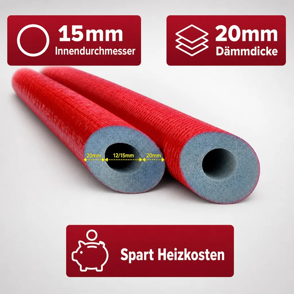 Rohrisolierung 15mm, Heizungsrohr Isolierung, Dämmung 20mm, 2m