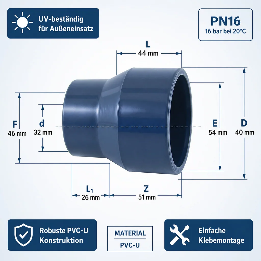 PVC Reduzierung 40-32mm, Reduzierstück lang, PN16