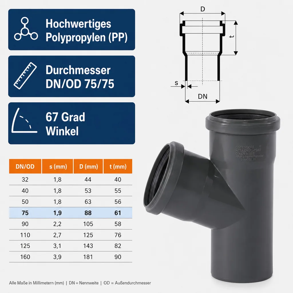 HT Rohr 75, HT Abzweig 67 Grad, Abwasserrohr 75mm