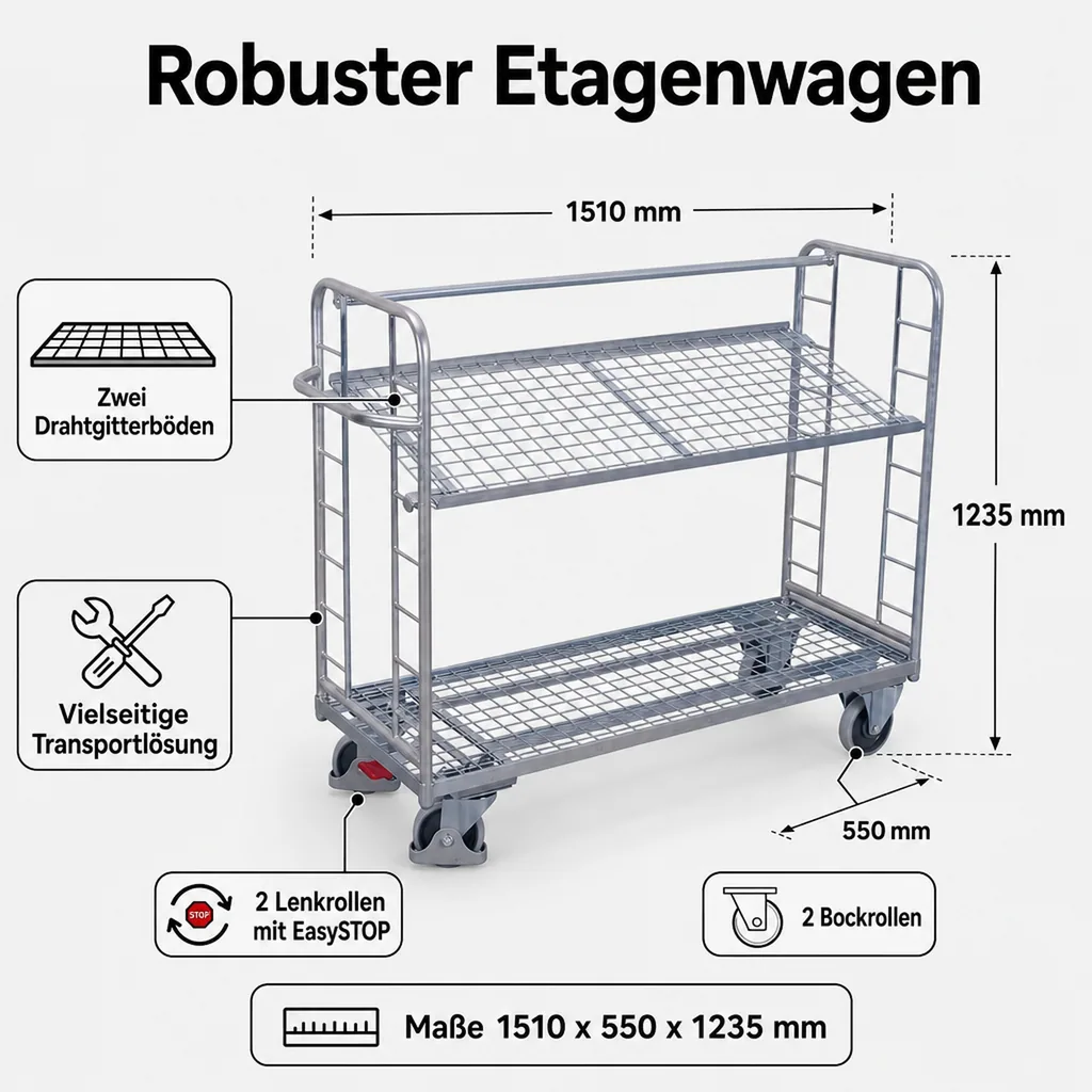 Etagenwagen, verzinkt, 2 Drahtgitterböden, 250 kg Traglast, EasySTOP