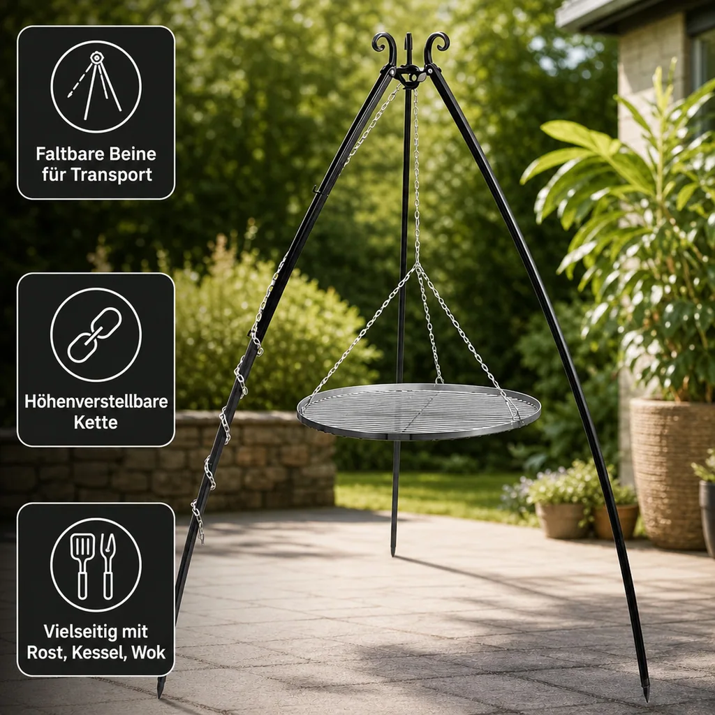 Schwenkgrill mit Dreibein, Edelstahl Grillrost 50cm, Gartengrill