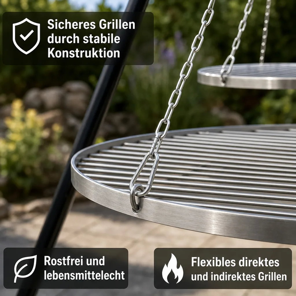 Schwenkgrill, Edelstahl Doppelrost, 200cm Dreibein Grill, 70+40cm Rost