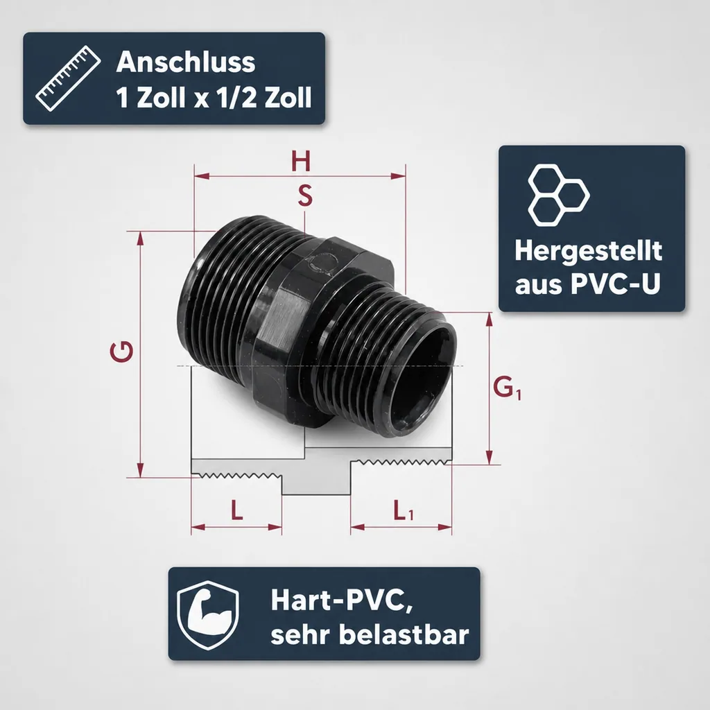 PVC - U Doppelnippel reduziert AG 1" x 1/2"