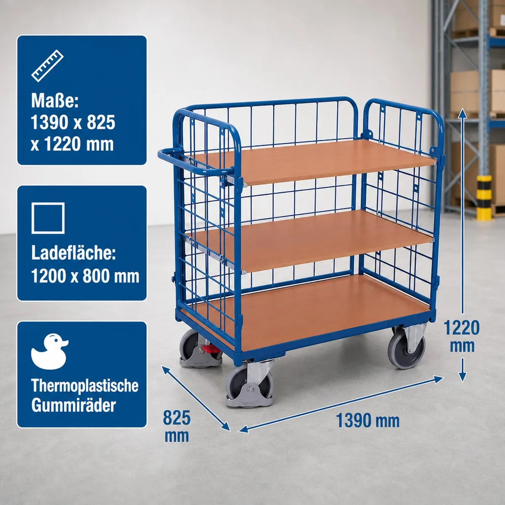 Dreiwandwagen, Transportwagen 500kg, mit 3 Böden, Typ XL, EasySTOP