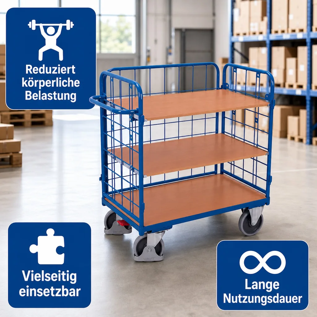 Dreiwandwagen, Transportwagen 500kg, mit 3 Böden, Typ XL, EasySTOP