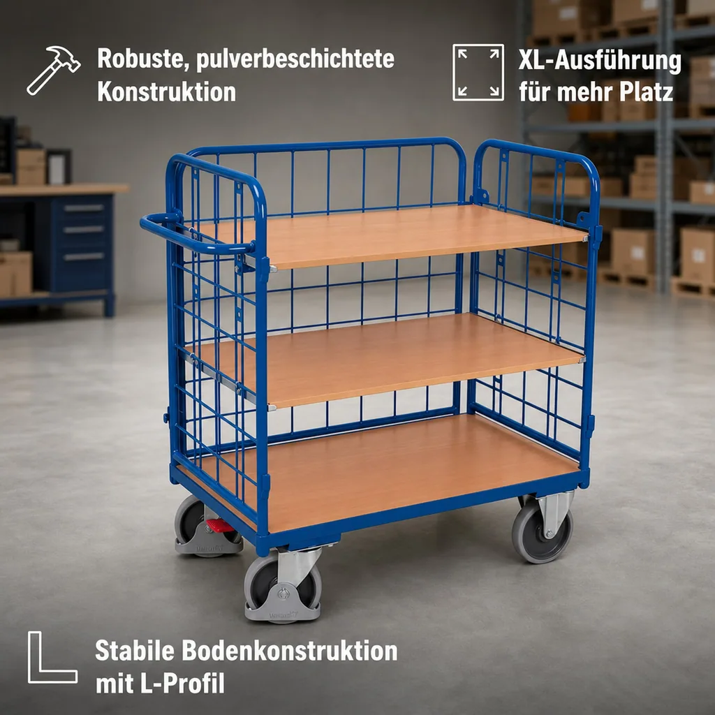 Dreiwandwagen, Transportwagen 500kg, mit 3 Böden, Typ XL, EasySTOP