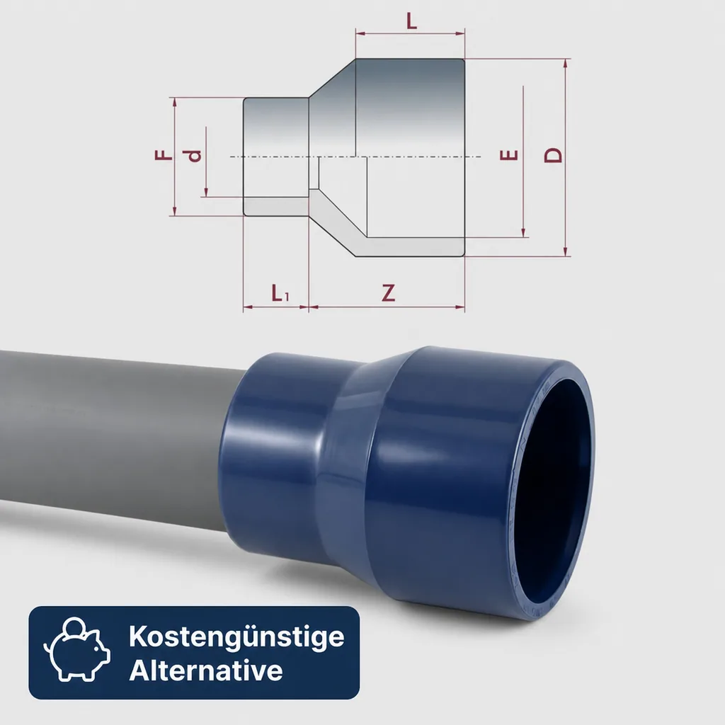 PVC Reduktion, PVC Reduzierstück lang 32-25mm x 20mm PN16