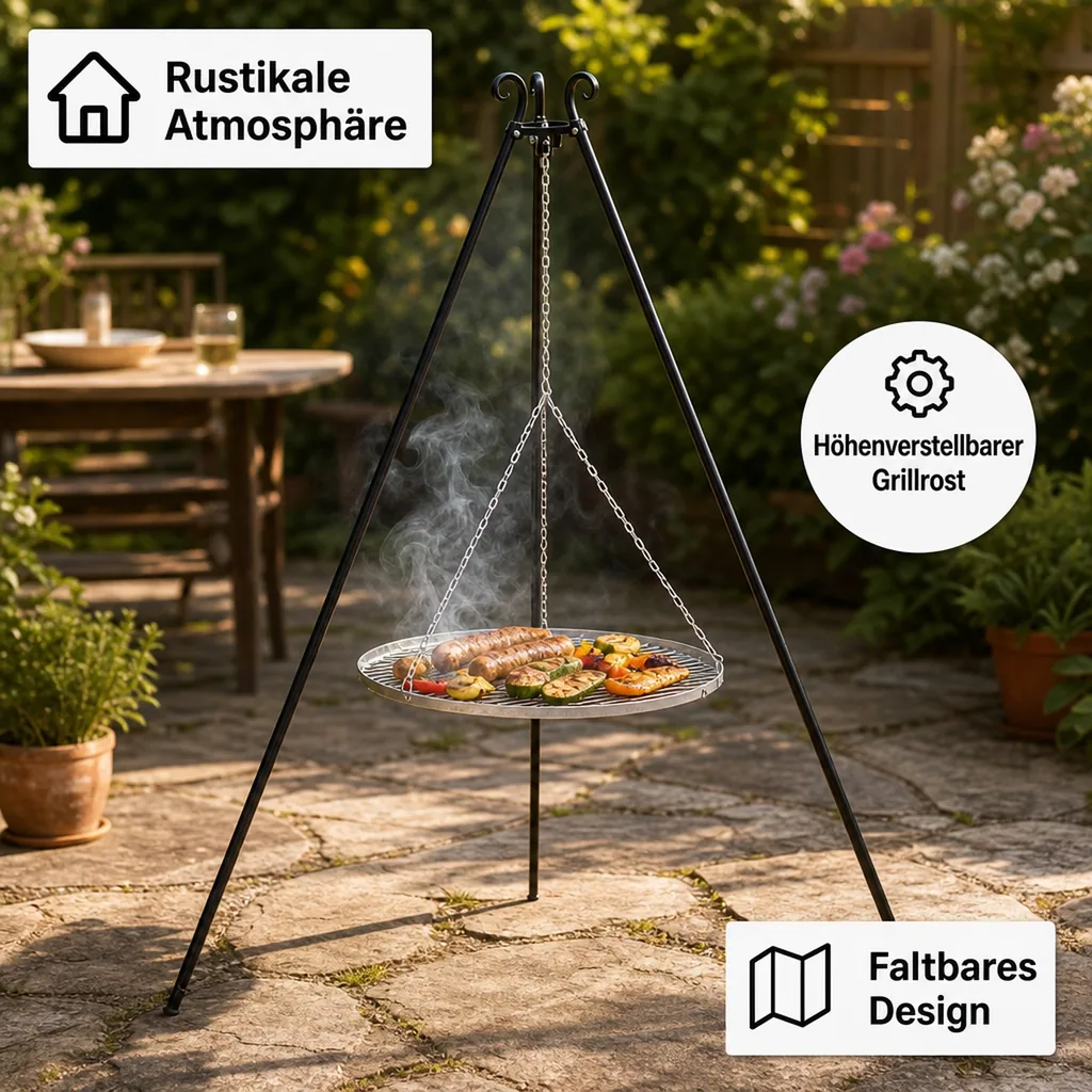 Schwenkgrill, 180cm Dreibein Grill, Edelstahl Grillrost 70cm