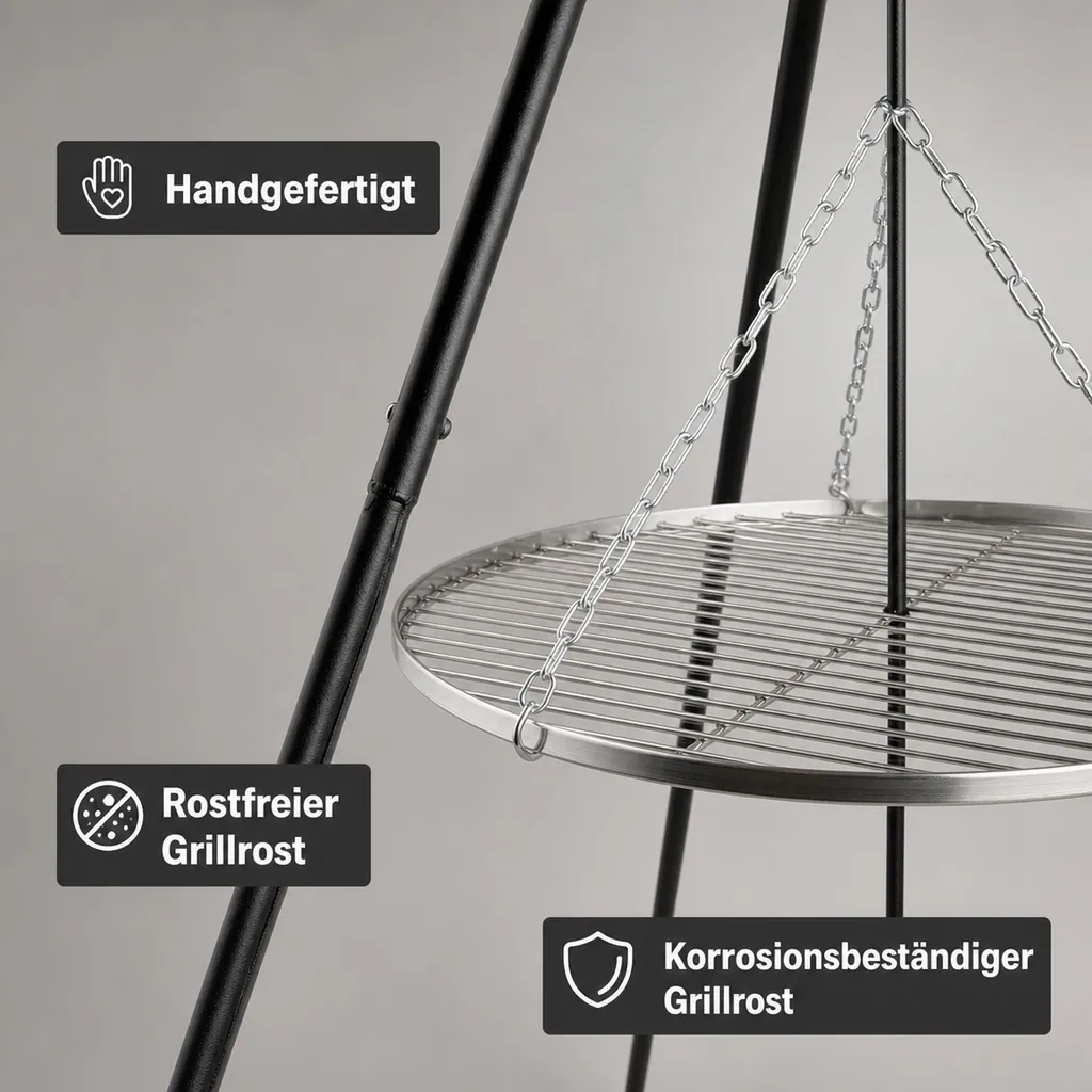 Schwenkgrill, 180cm Dreibein Grill, Edelstahl Grillrost 70cm
