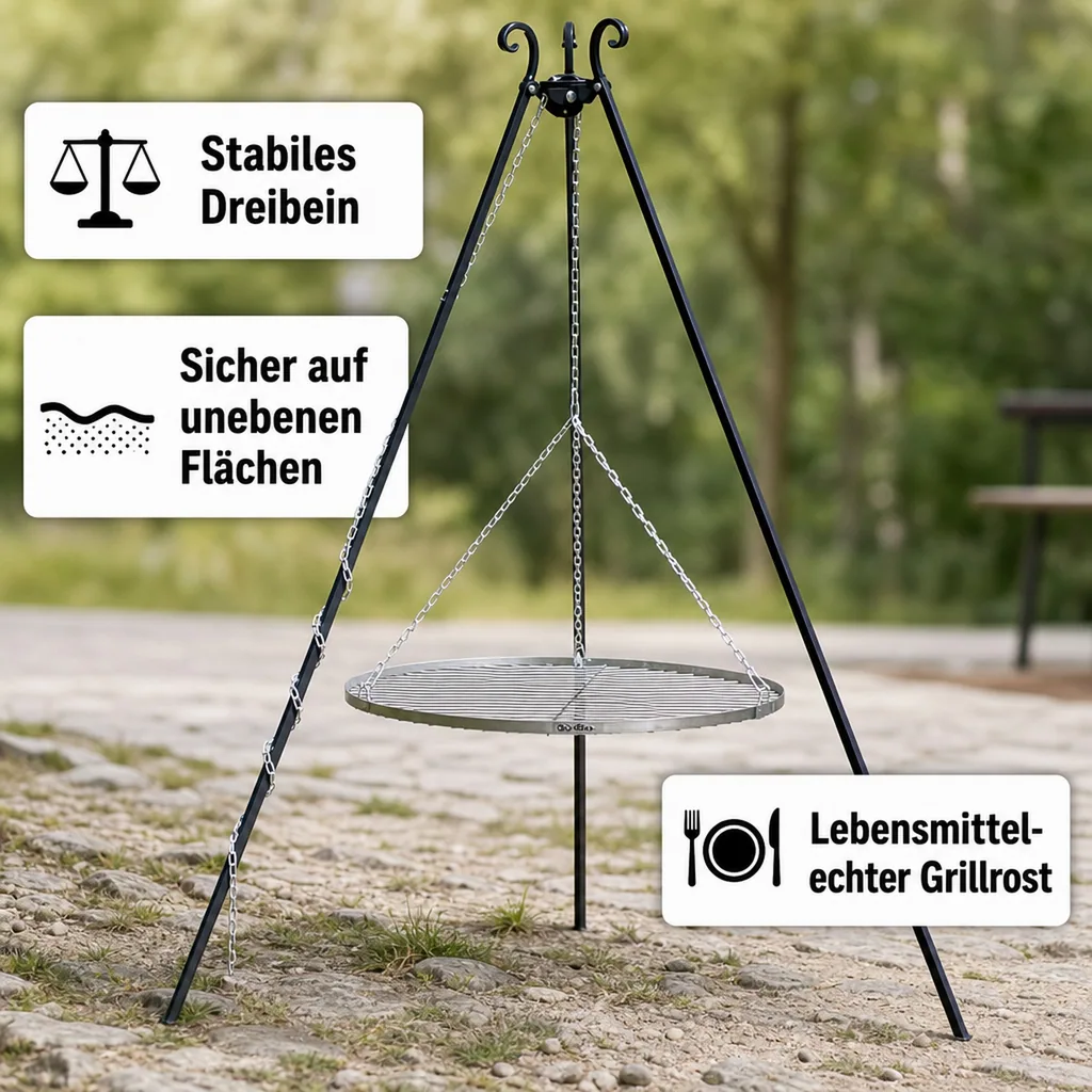 Schwenkgrill, 180cm Dreibein Grill, Edelstahl Grillrost 70cm
