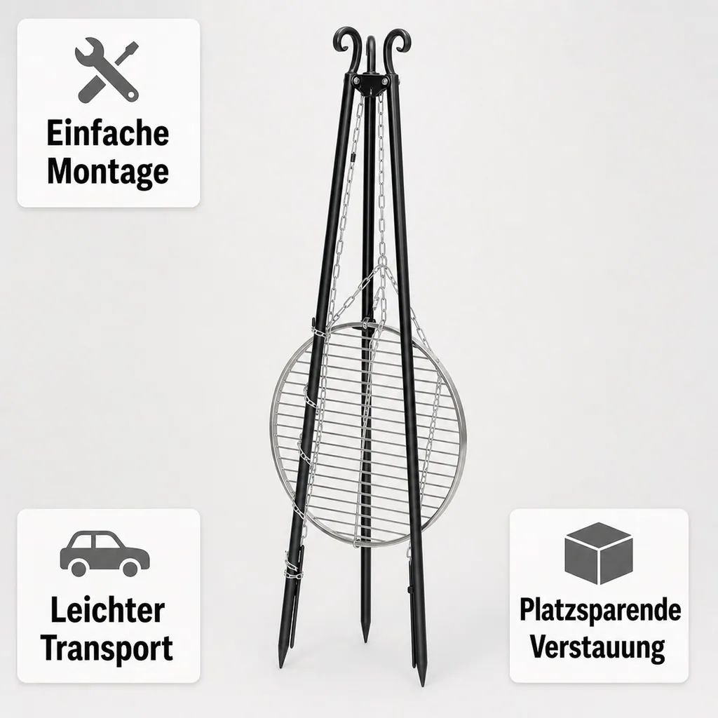 Schwenkgrill, 180cm Dreibein Grill, Edelstahl Grillrost 70cm