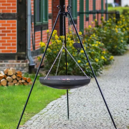Wok Outdoor, Dreibein Kochstelle, Stahl Wok 60cm, mit Kurbel