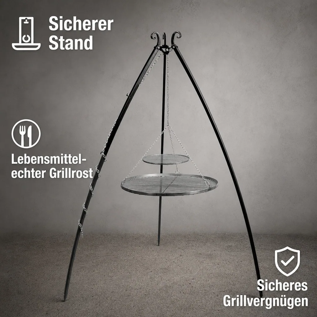 Schwenkgrill Set, Gartengrill Dreibein, 200 cm, Doppelrost 80/40 cm