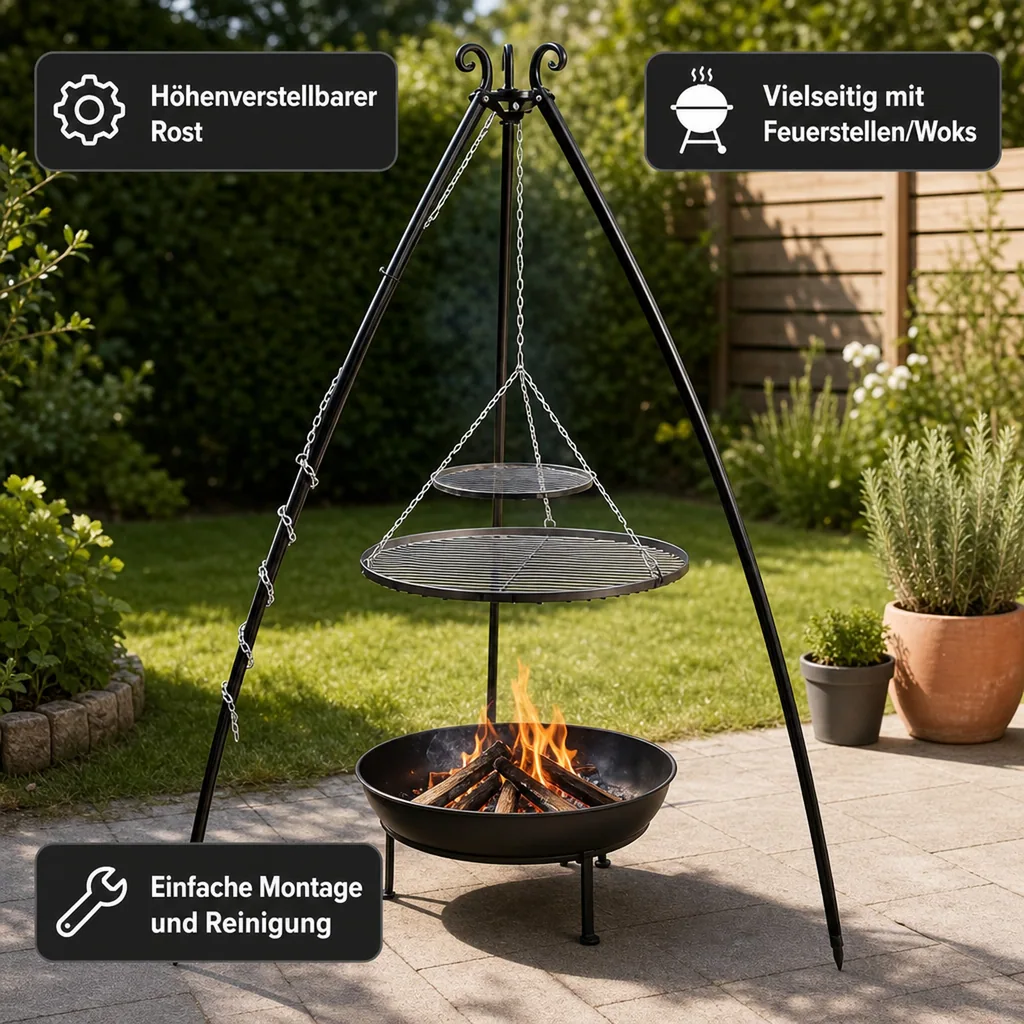 Schwenkgrill Set, Gartengrill Dreibein, 200 cm, Doppelrost 80/40 cm