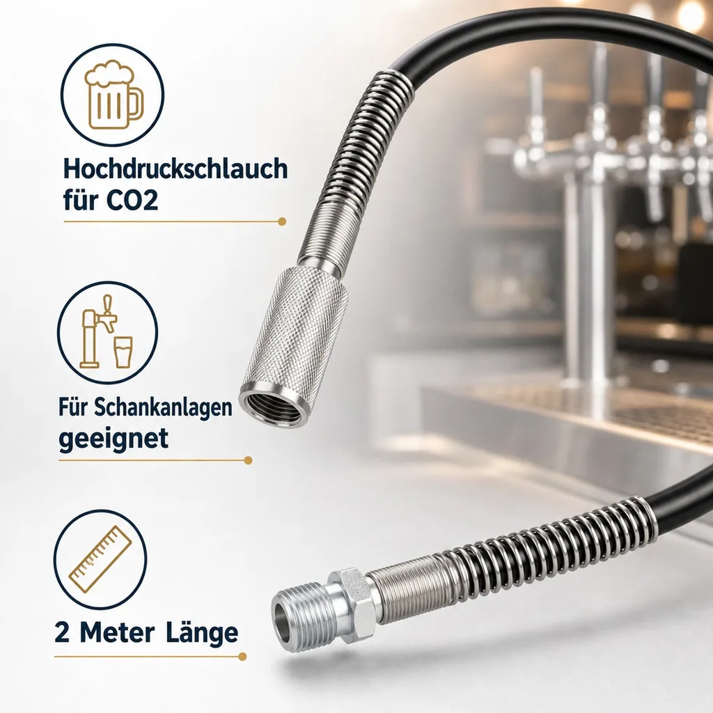 Hochdruckschlauch - CO2 für Schankanlage - 2m Außengewinde und Handanzugsrändelmutter