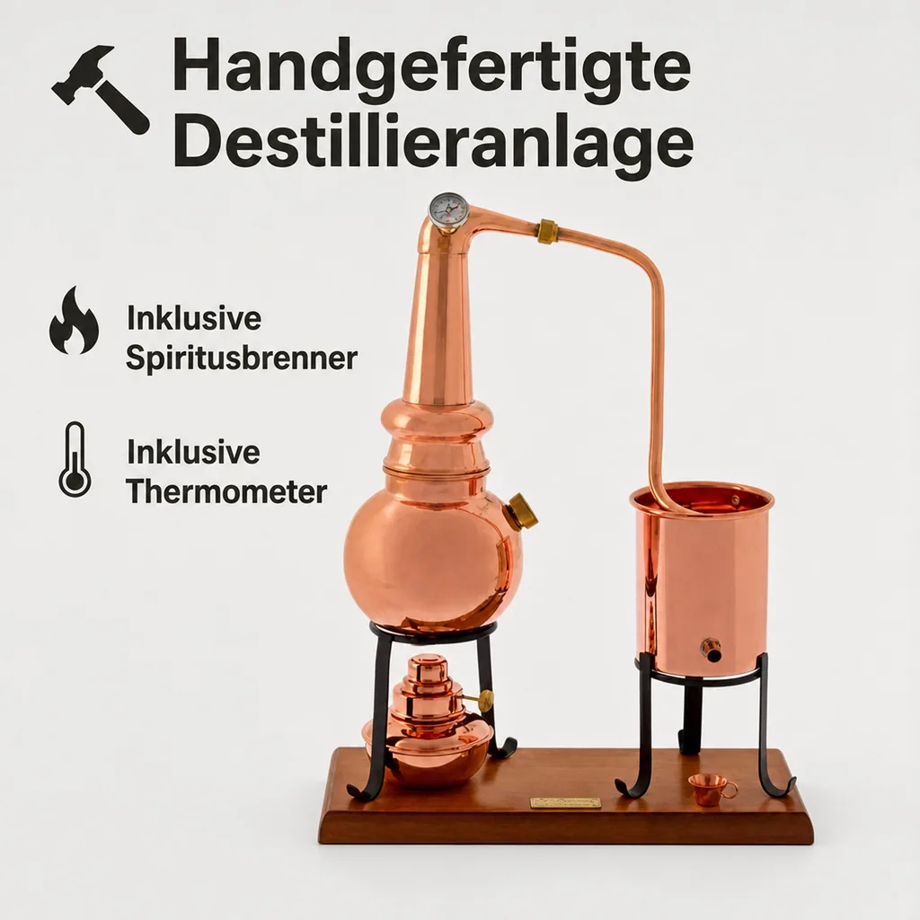 Destille, Destilliergerät, Destillationsapparatur - Alembic Whiskey Premium, mit Spiritusbrenner und Thermometer, 0,7L