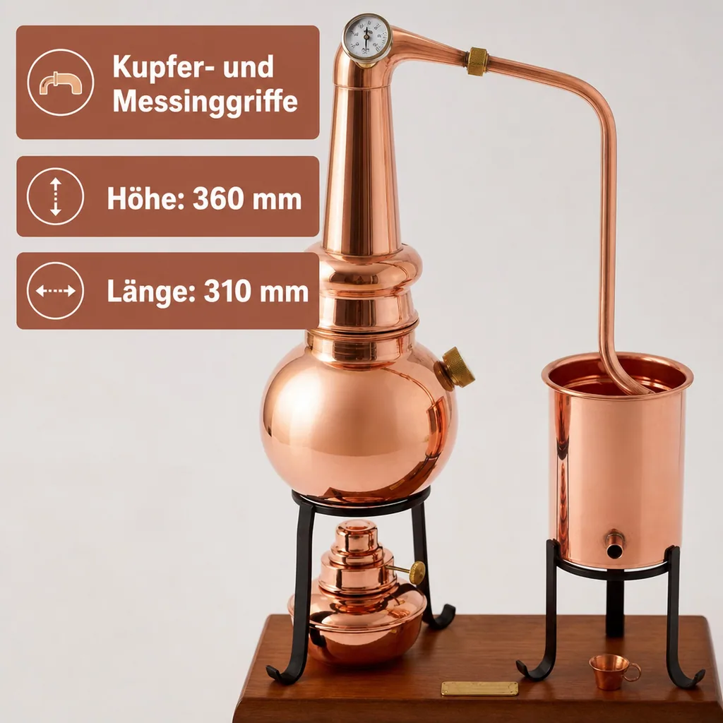 Destille, Destilliergerät, Destillationsapparatur - Alembic Whiskey Premium, mit Spiritusbrenner und Thermometer, 0,7L