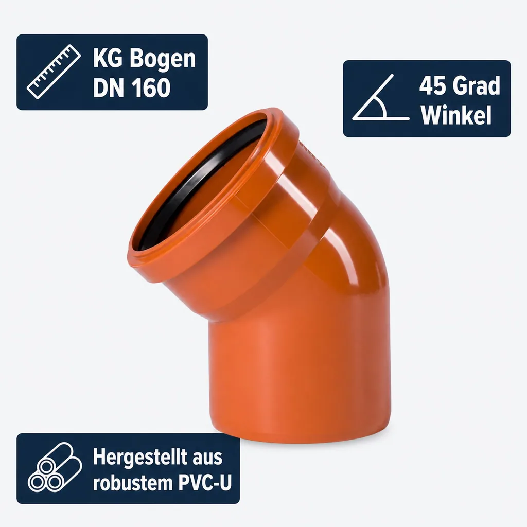 KG Bogen 160, DN 160, 45 Grad, Rohr