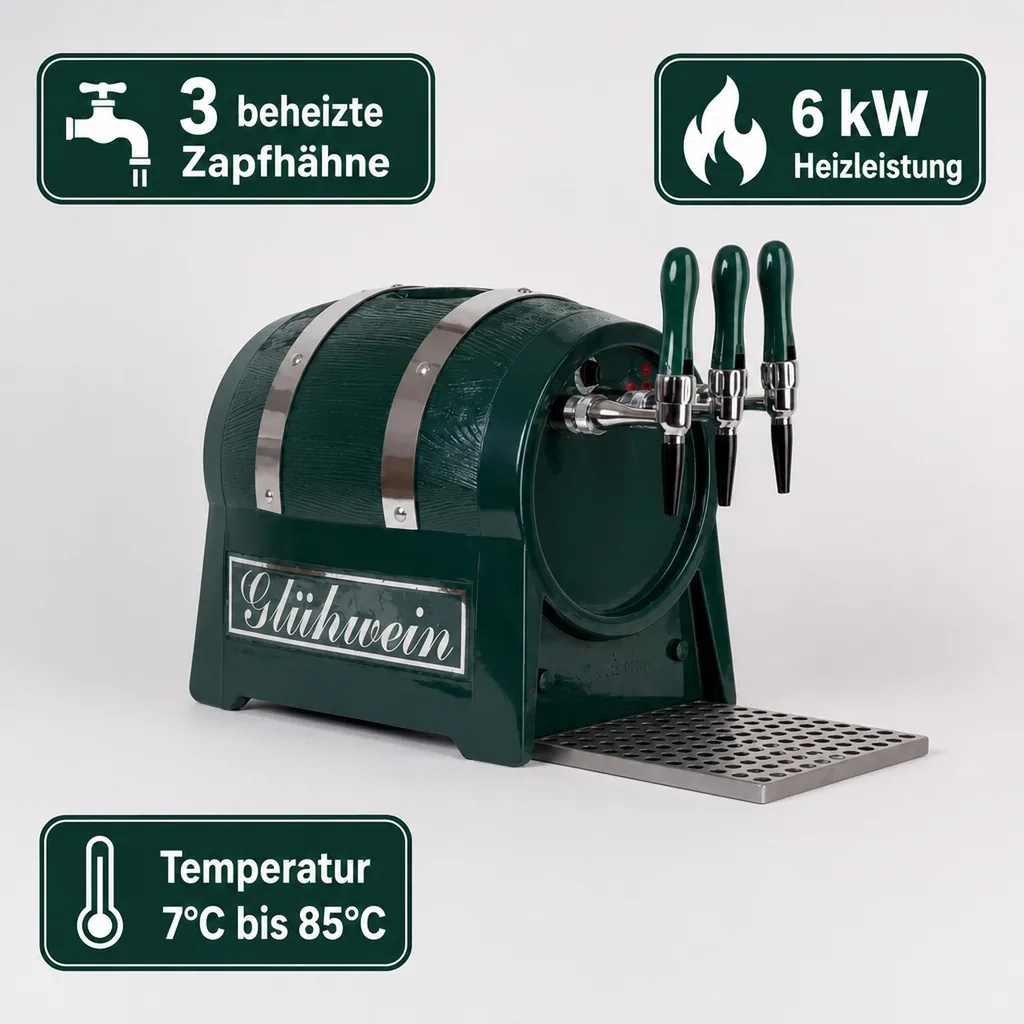 Glühweinzapfanlage, Getränke durchlauferhitzer - mit selbstansaugender Pumpe, Fassform, 3-leitig 6 kW