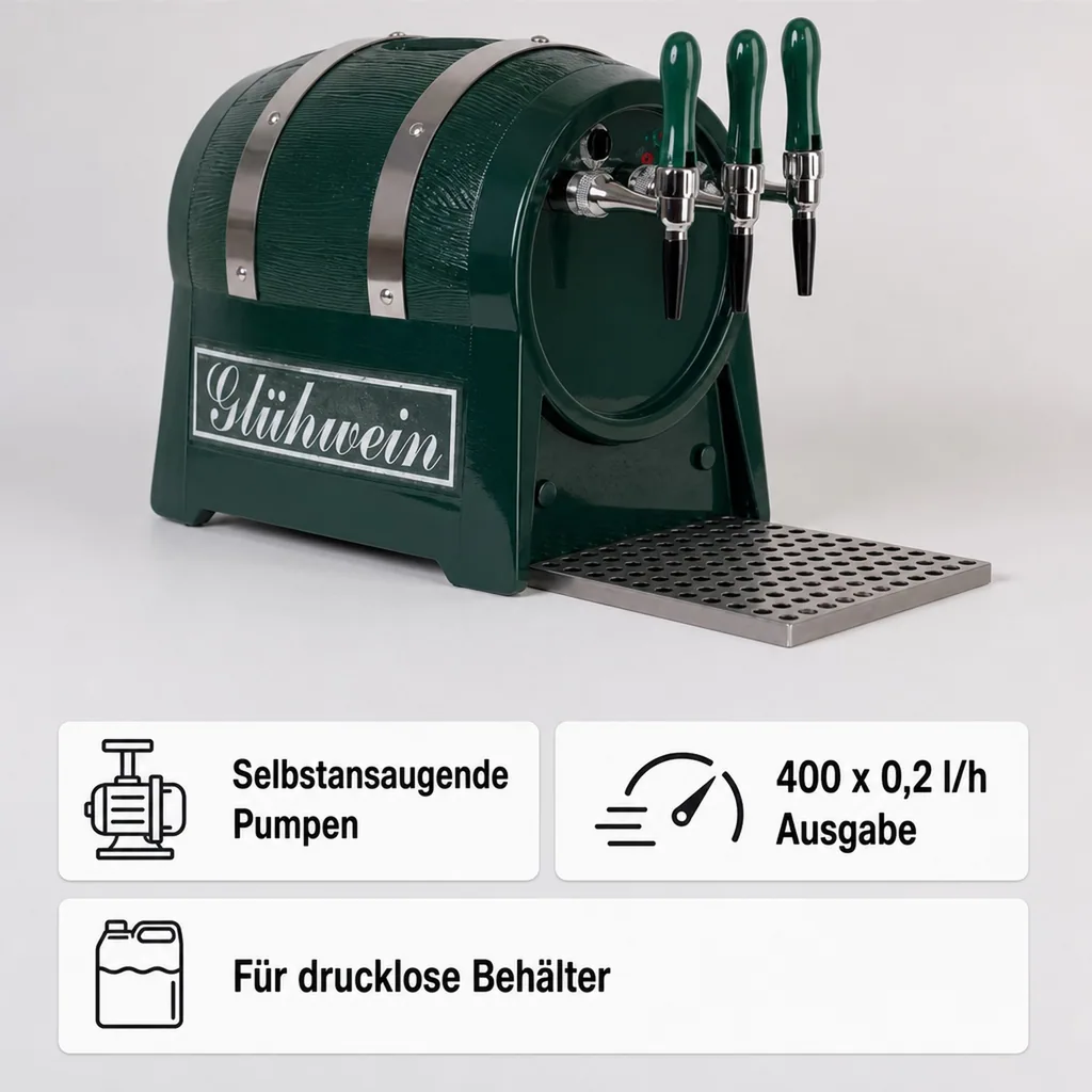 Glühweinzapfanlage, Getränke durchlauferhitzer - mit selbstansaugender Pumpe, Fassform, 3-leitig 6 kW