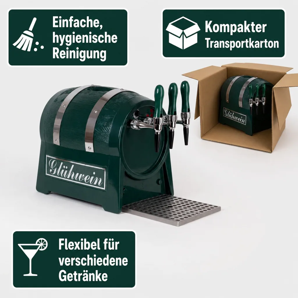 Glühweinzapfanlage, Getränke durchlauferhitzer - mit selbstansaugender Pumpe, Fassform, 3-leitig 6 kW