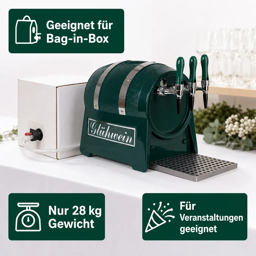 Glühweinzapfanlage, Getränke durchlauferhitzer - mit selbstansaugender Pumpe, Fassform, 3-leitig 6 kW