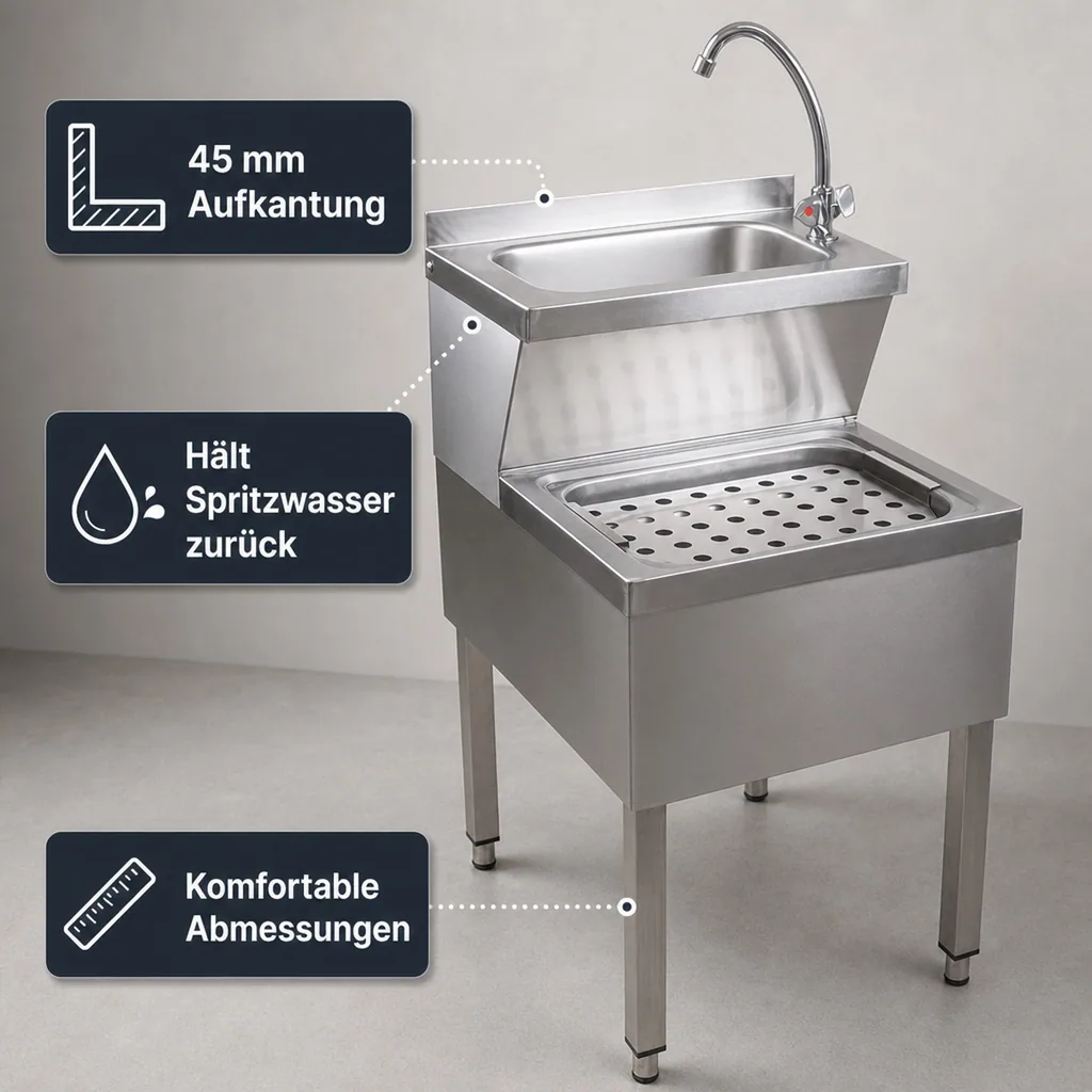 Ausgussbecken, Waschbecken - Edelstahl, mit Mischarmatur und Siphon, für Hygiene & Effizienz