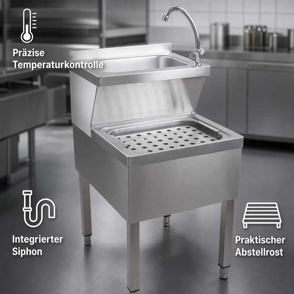 Ausgussbecken, Waschbecken - Edelstahl, mit Mischarmatur und Siphon, für Hygiene & Effizienz