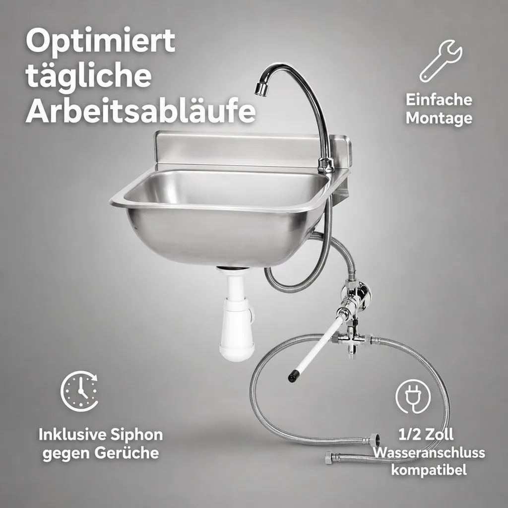 Ausgussbecken, Handwaschbecken Gastro, mit Kniebedienung, Edelstahl, 375x310x190 mm