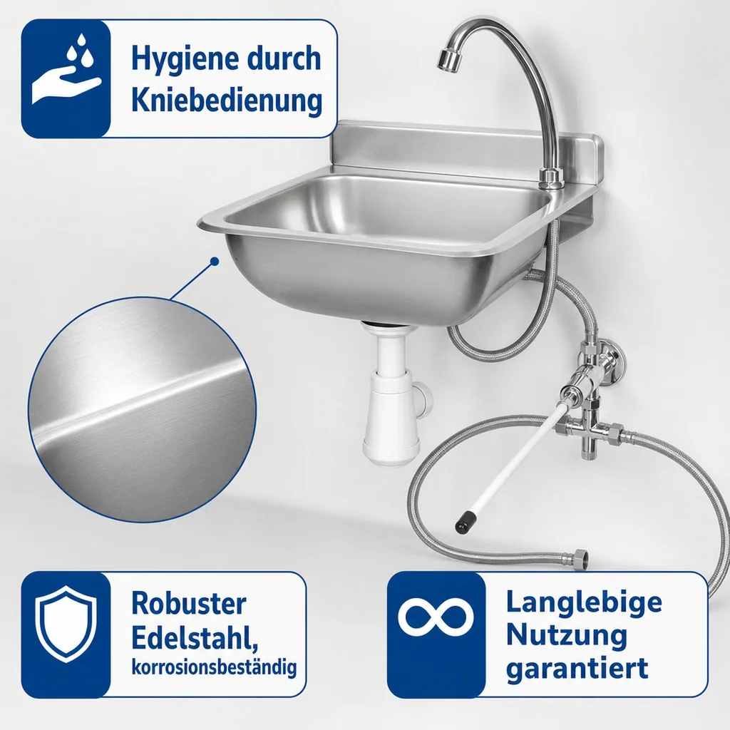 Ausgussbecken, Handwaschbecken Gastro, mit Kniebedienung, Edelstahl, 375x310x190 mm