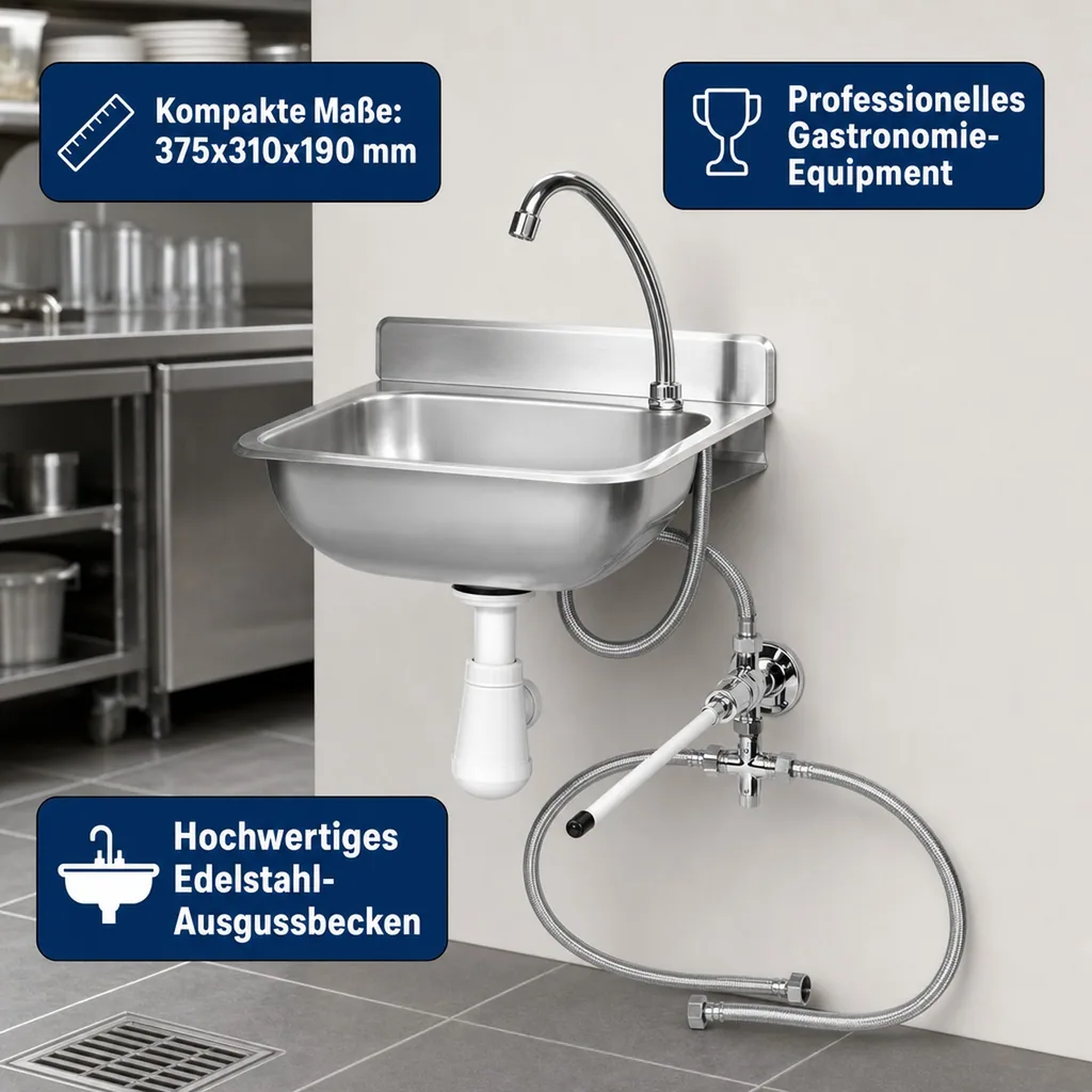 Ausgussbecken, Handwaschbecken Gastro, mit Kniebedienung, Edelstahl, 375x310x190 mm