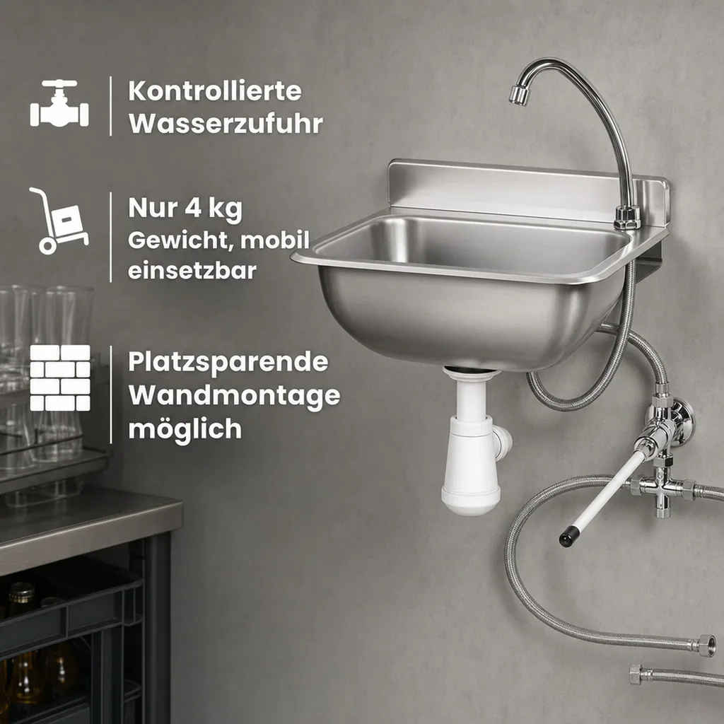 Ausgussbecken, Handwaschbecken Gastro, mit Kniebedienung, Edelstahl, 375x310x190 mm