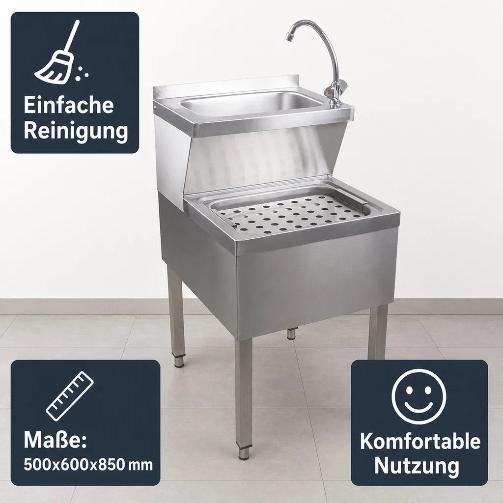 Ausgussbecken, Handwaschbecken Gastro - Kombi, Edelstahl, 500x600x850 mm