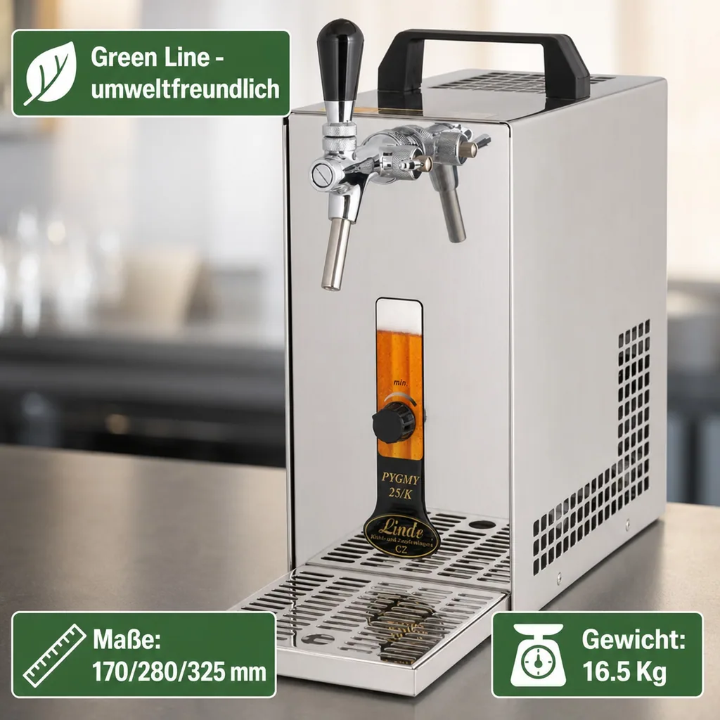 Zapfanlage, Bierzapfanlage PYGMY 25/K mit Membranpumpe, 1-leitig Trockenkühlgerät aus Edelstahl, 35 Liter/h, Green Line
