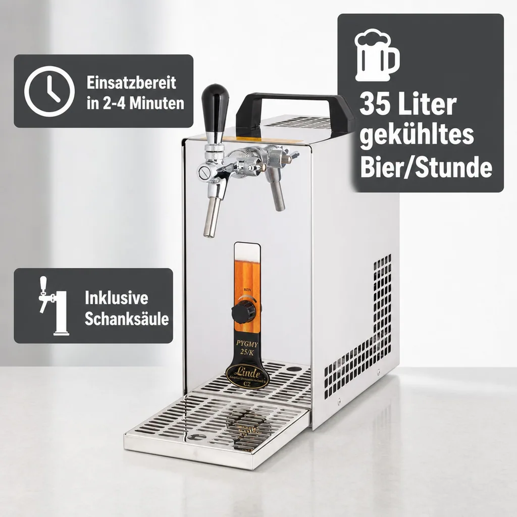 Zapfanlage, Bierzapfanlage PYGMY 25/K mit Membranpumpe, 1-leitig Trockenkühlgerät aus Edelstahl, 35 Liter/h, Green Line
