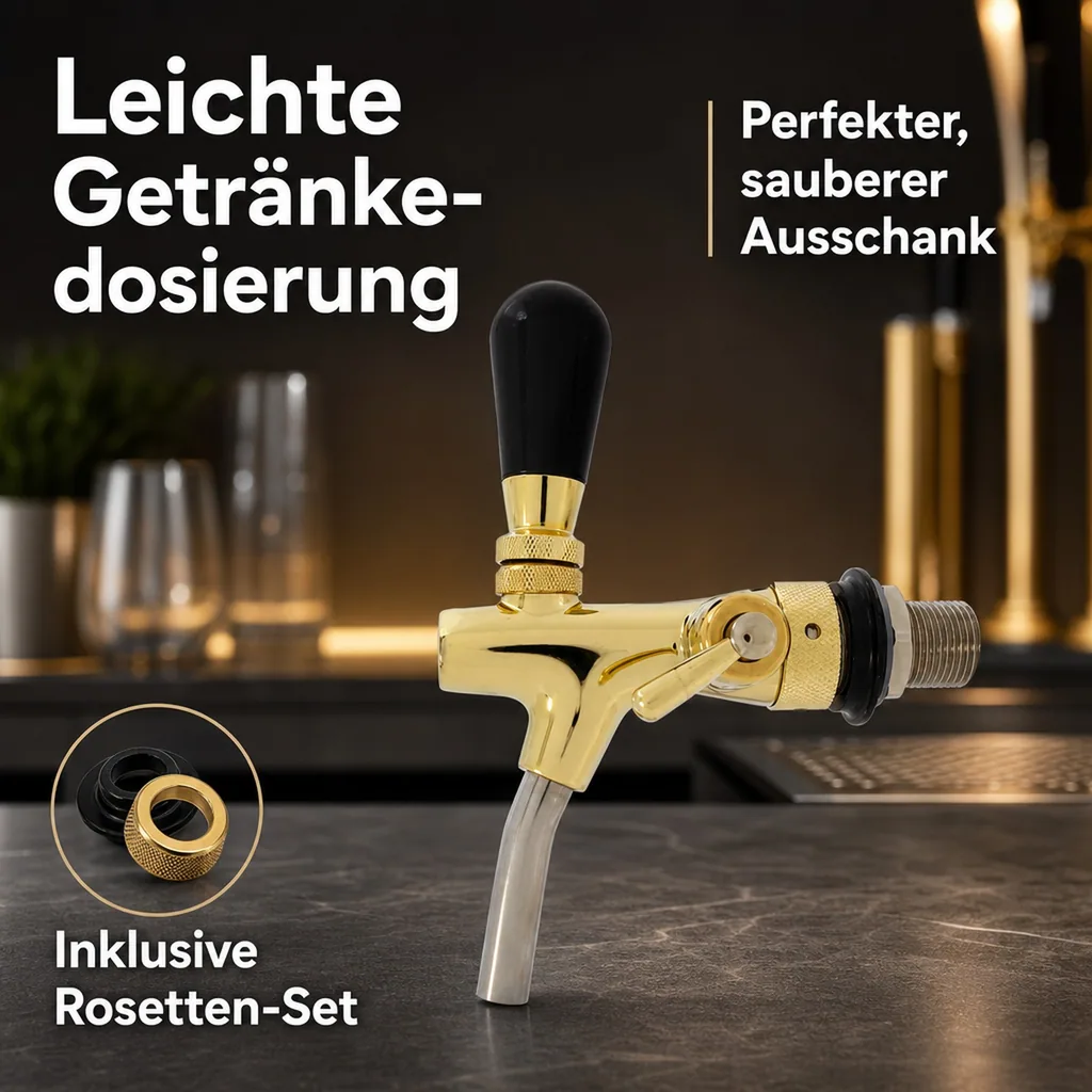 Zapfhahn, Kompensatorhahn, Bierzapfhahn, Schankhahn - selbstschließend, gold, Gewindelänge: 55 mm