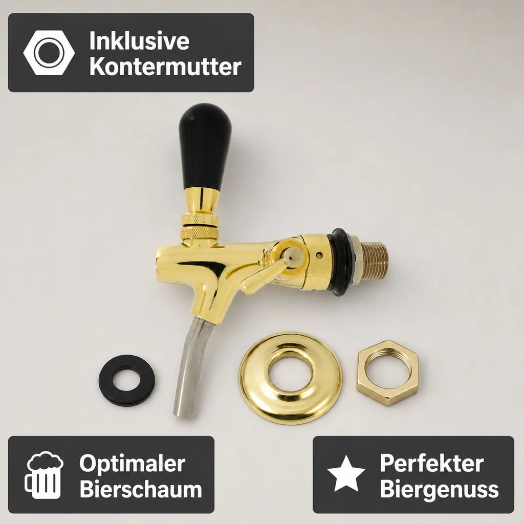 Zapfhahn, Kompensatorhahn, Bierzapfhahn, Schankhahn - selbstschließend, gold, Gewindelänge: 55 mm