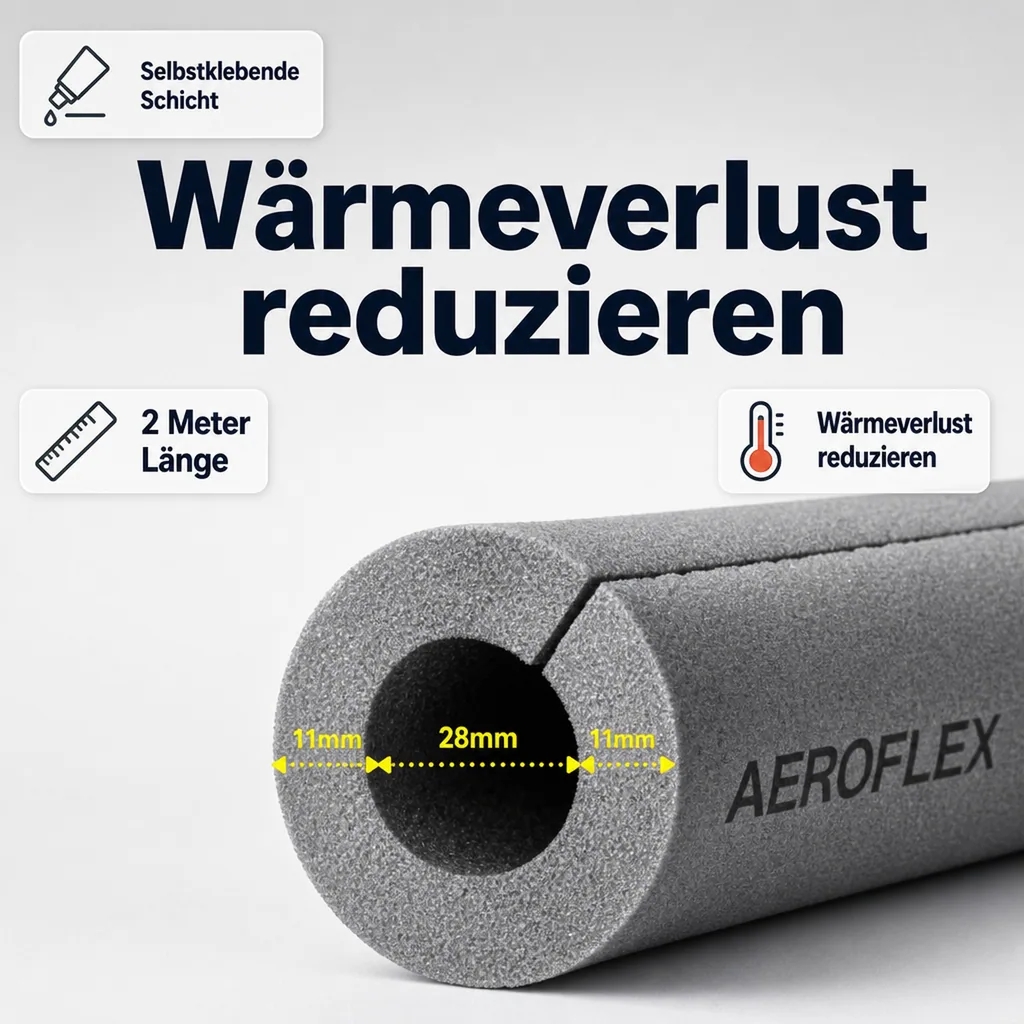AEROFLEX® SH XT Rohrisolierung, Rohrdämmung - 2 m, selbstklebend, flexibles Dämmmaterial aus geschlossenzelligem Schaumkautschuk, schwarz - 28 x 10 mm